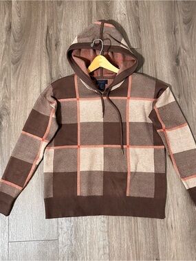 Rachel Roy Hoodie Sweater Plaid Block Brown Tan Coral NWOT